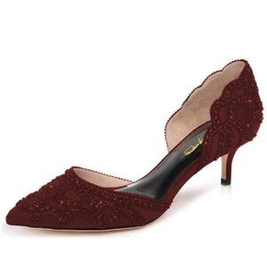 XYD Women's Pumps,  Pointed Toe, D'Orsay Kitten Low Heels, Red Rhinestone Studs